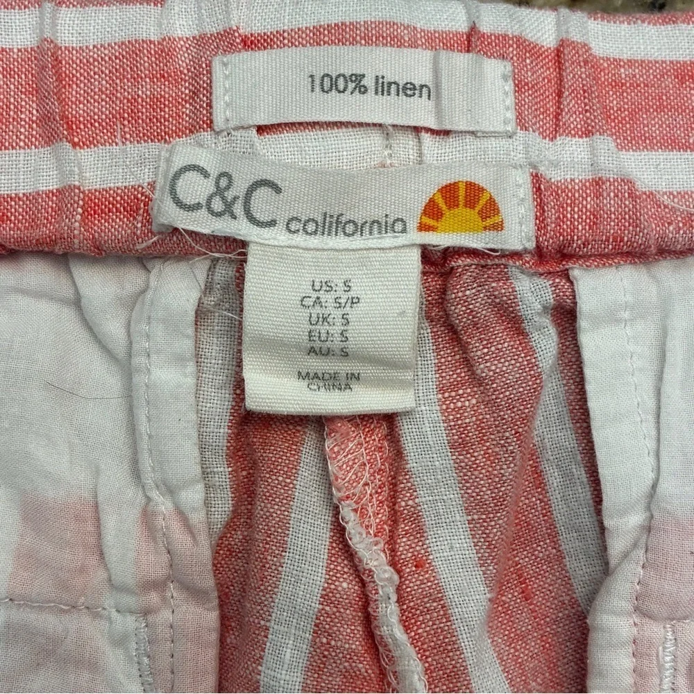 C&C CALIFORNIA Striped Pink And White 100% Linen Pants, Size Small.